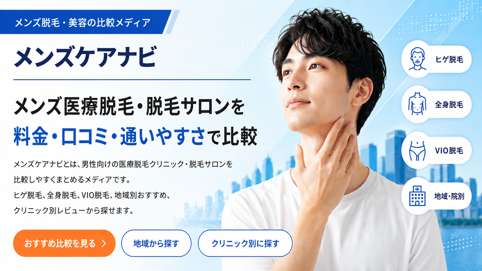 メンズ医療脱毛と脱毛サロンを料金や口コミで比較するメンズケアナビのトップ画像